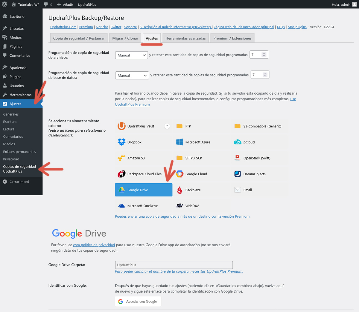 Primer paso del procedimiento para configurar Google Drive en UpdraftPlus.