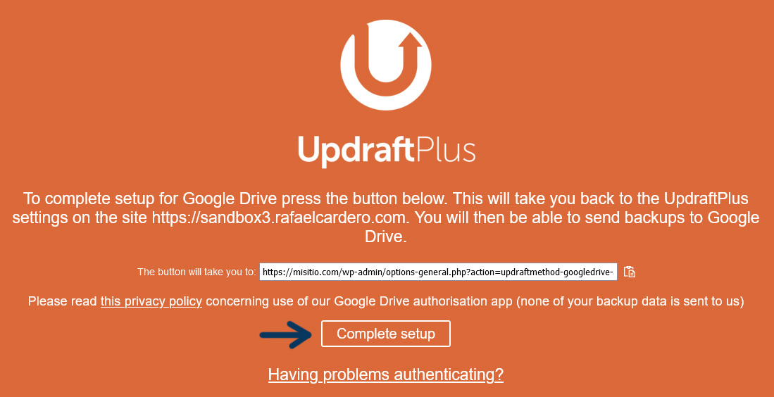 Tercer paso del procedimiento para configurar Google Drive en UpdraftPlus.