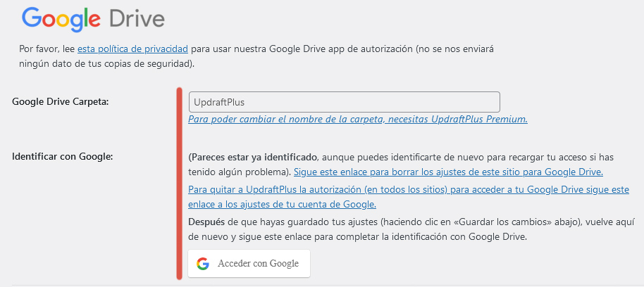 Cuarto paso del procedimiento para configurar Google Drive en UpdraftPlus.