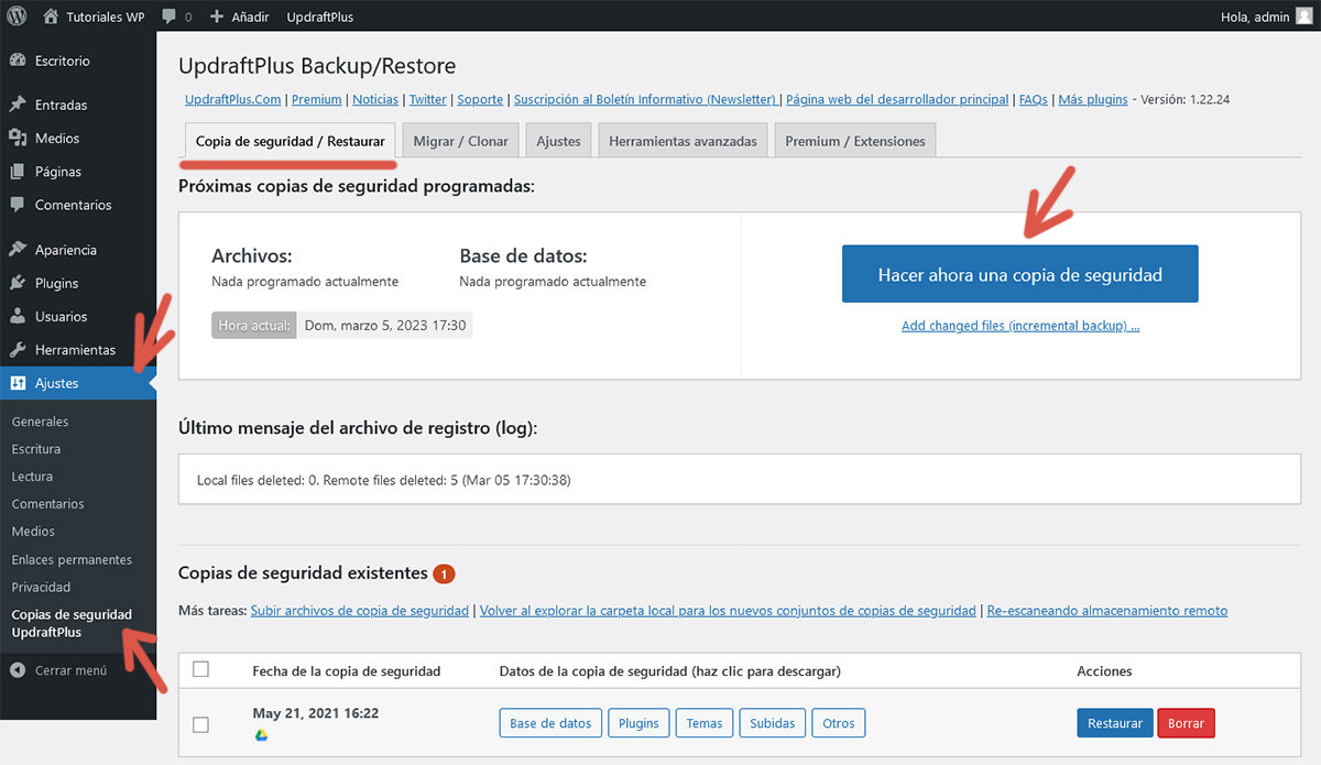 Primer paso del procedimiento para crear una copia de seguridad utilizando UpdraftPlus.