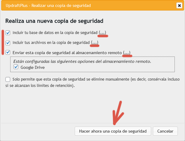 Segundo paso del procedimiento para crear una copia de seguridad utilizando UpdraftPlus.