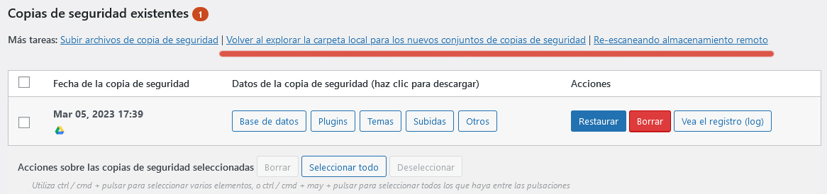 Tercer paso del procedimiento para crear una copia de seguridad utilizando UpdraftPlus.