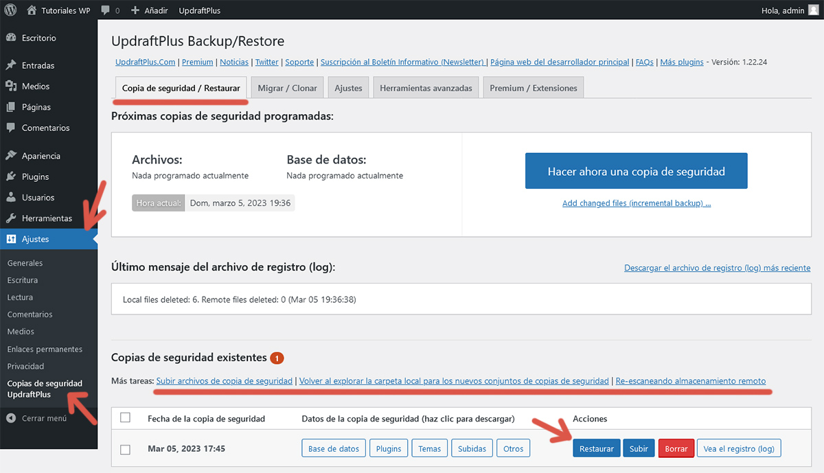 Primer paso del procedimiento para restaurar un sitio web a partir de una copia de seguridad utilizando UpdraftPlus.