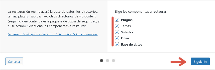 Segundo paso del procedimiento para restaurar un sitio web a partir de una copia de seguridad utilizando UpdraftPlus.