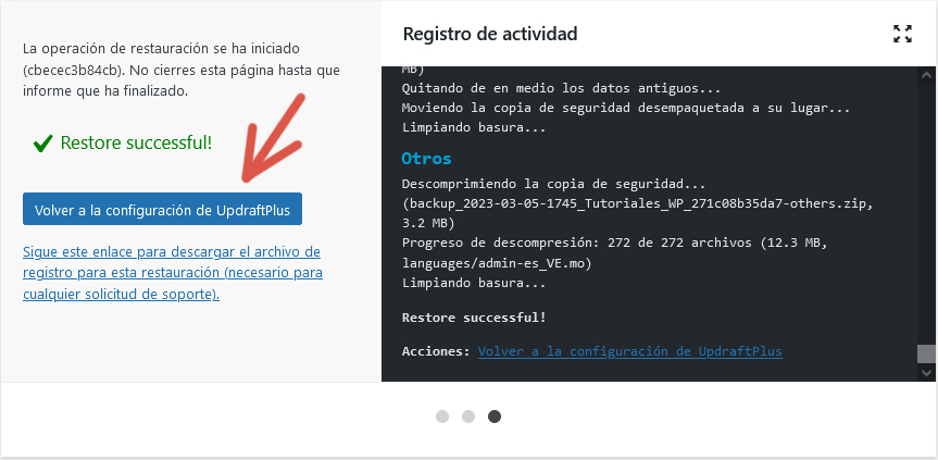 Cuarto paso del procedimiento para restaurar un sitio web a partir de una copia de seguridad utilizando UpdraftPlus.