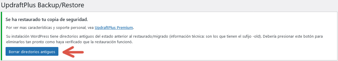 Quinto paso del procedimiento para restaurar un sitio web a partir de una copia de seguridad utilizando UpdraftPlus.