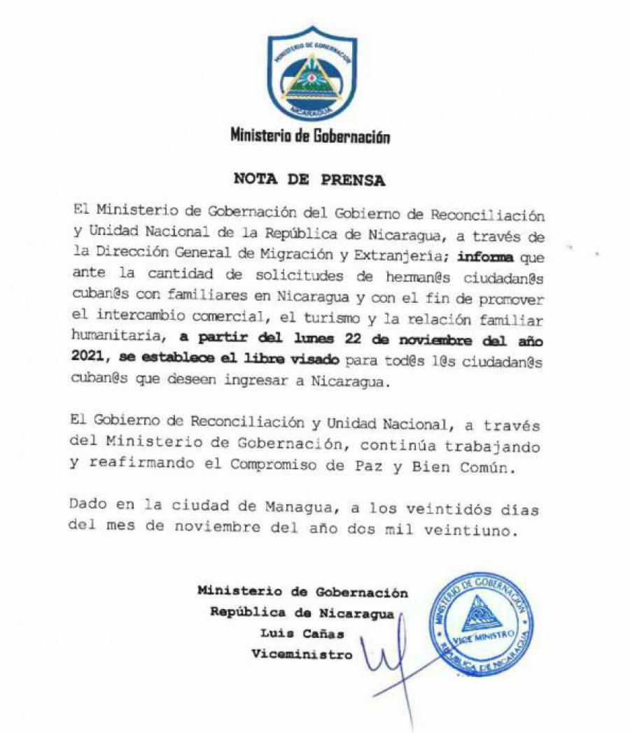 Press release declaring Cubans visa exempted.
