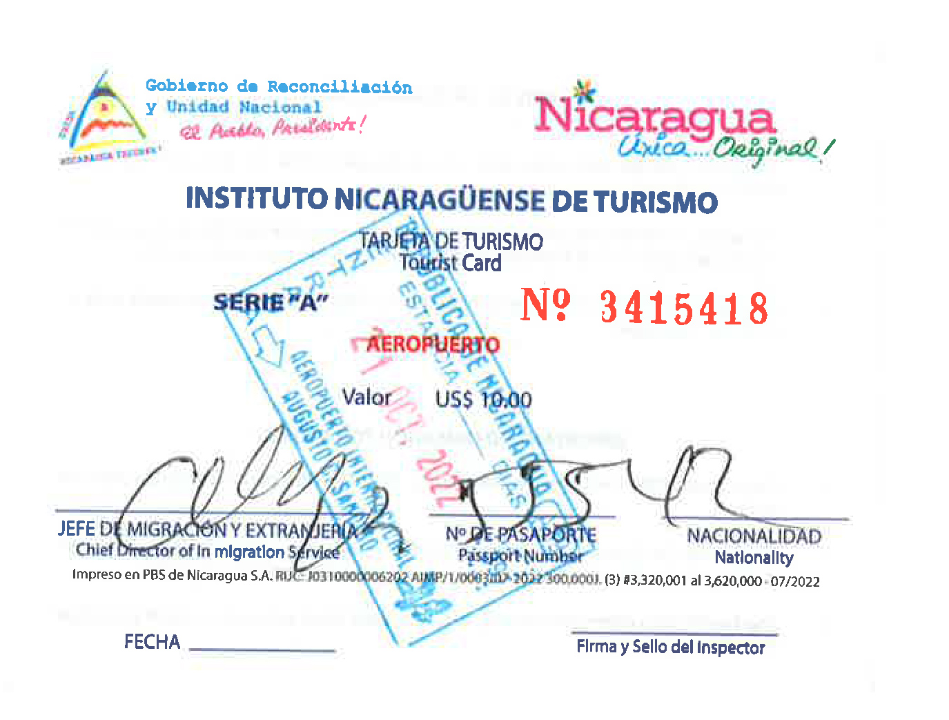 Tarjeta de turismo de Nicaragua.