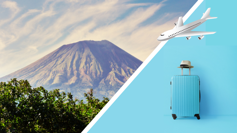 Volcán, avión y maleta.