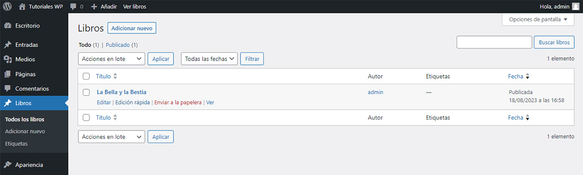 Área de administración de WordPress - Tipo de artículo "Libro"