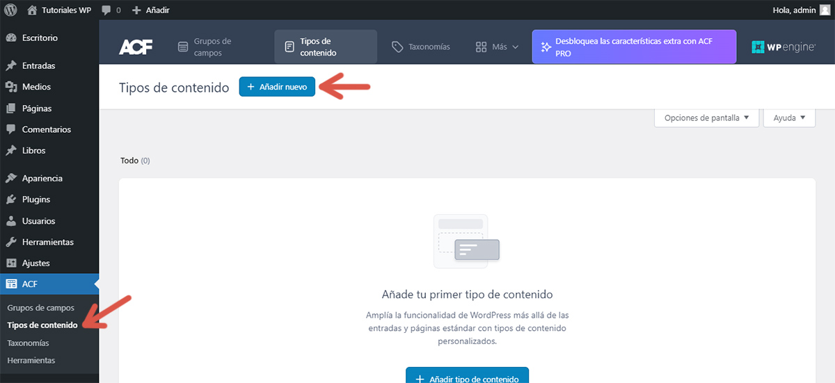 Primer paso del procedimiento para registrar un tipo de artículo utilizando el plugin Advanced Custom Fields.
