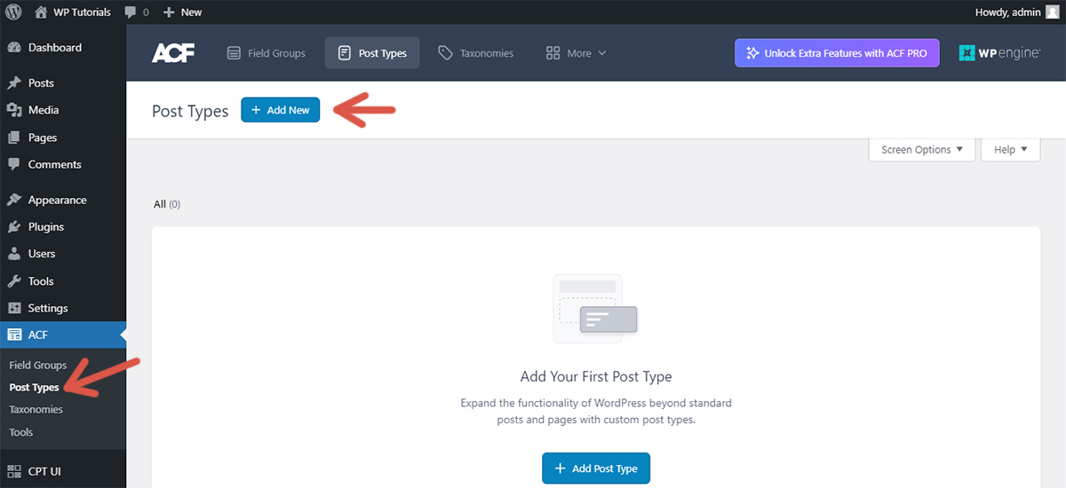 First step of the procedure to register a custom post type using Advanced Custom Fields.