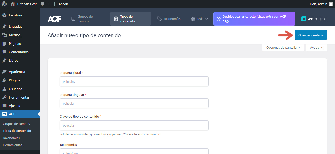 Segundo paso del procedimiento para registrar un tipo de artículo utilizando el plugin Advanced Custom Fields.