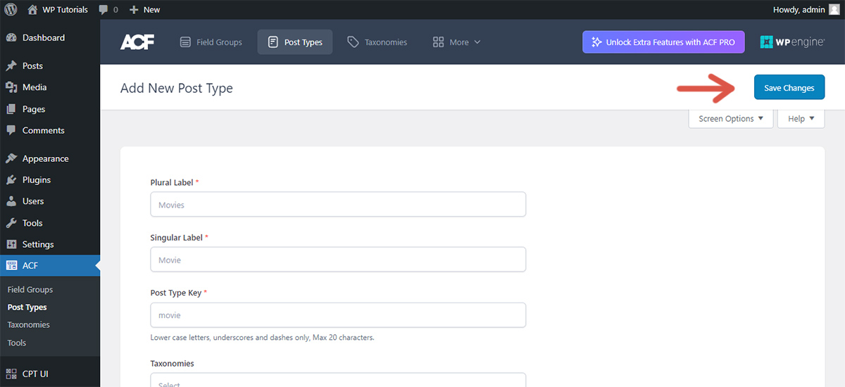 Second step of the procedure to register a custom post type using Advanced Custom Fields.