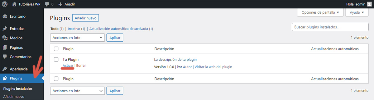 Vínculo para activar un plugin de ejemplo.