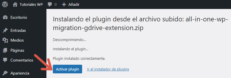 Botón para activar la extensión Google Drive del plugin All-in-One WP Migration cuando fue instalada utilizando el procedimiento que consiste en subir el archivo de la extensión a WordPress.