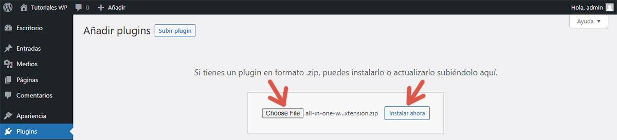 Botón para instalar la extensión Google Drive del plugin All-in-One WP Migration utlizando el procedimiento que consiste en subir el archivo de la extensión a WordPress.